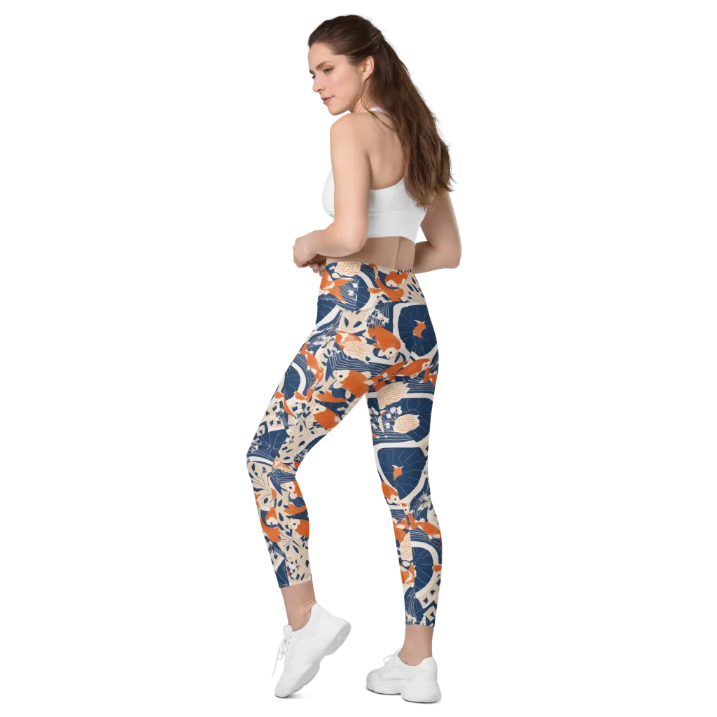 Indigo Koi Garden on Leggings with Pockets — Left Back