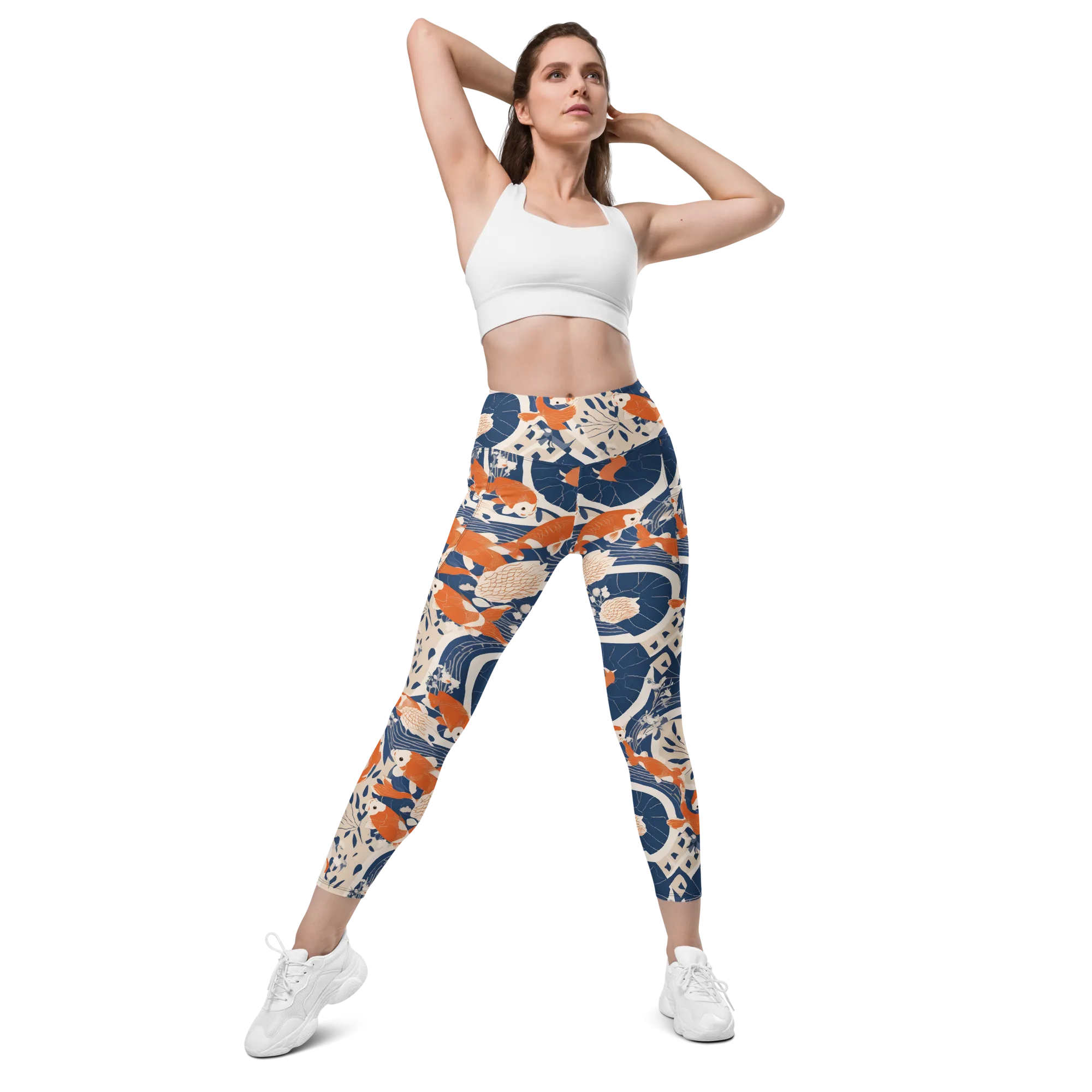 Indigo Koi Garden on Leggings with Pockets — Front