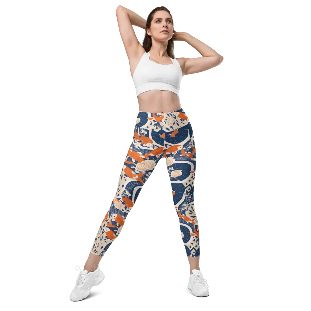Indigo Koi Garden on Leggings with Pockets — Front