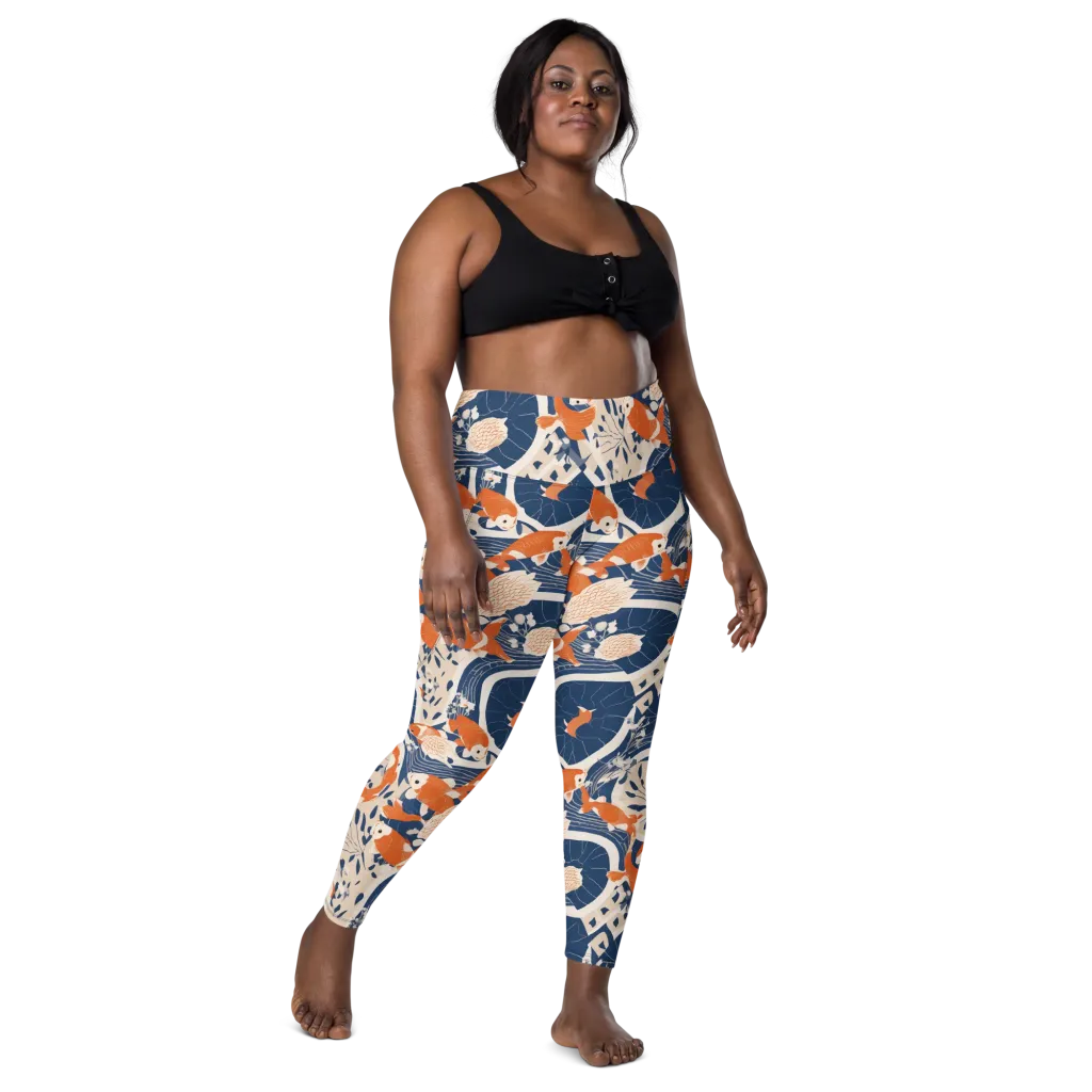 Indigo Koi Garden on Leggings with Pockets — Front
