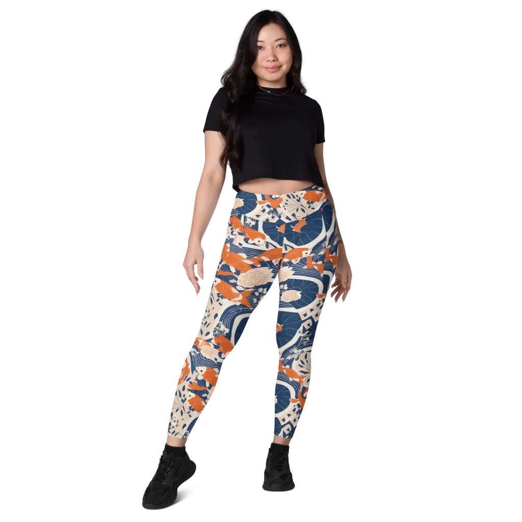 Indigo Koi Garden on Leggings with Pockets — Front