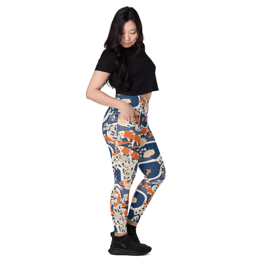 Indigo Koi Garden on Leggings with Pockets — Right