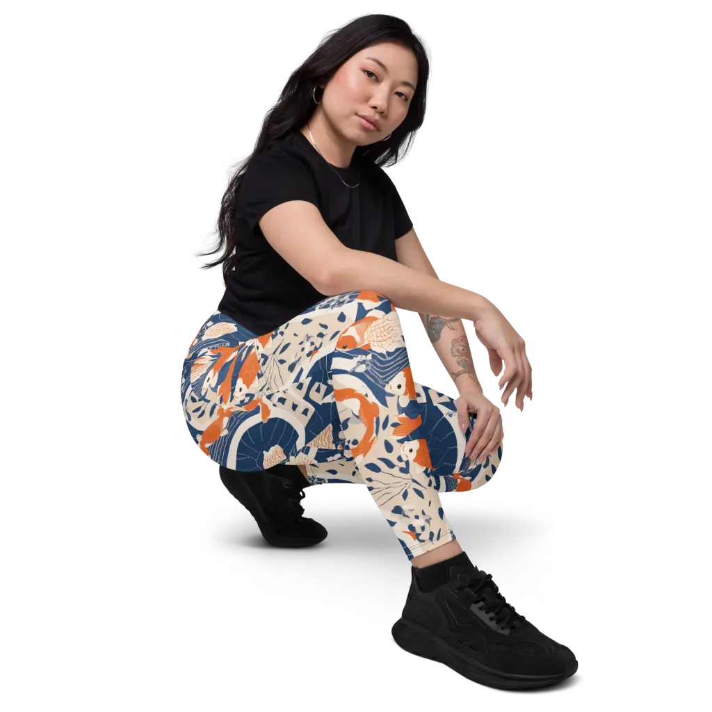 Indigo Koi Garden on Leggings with Pockets — Right Front