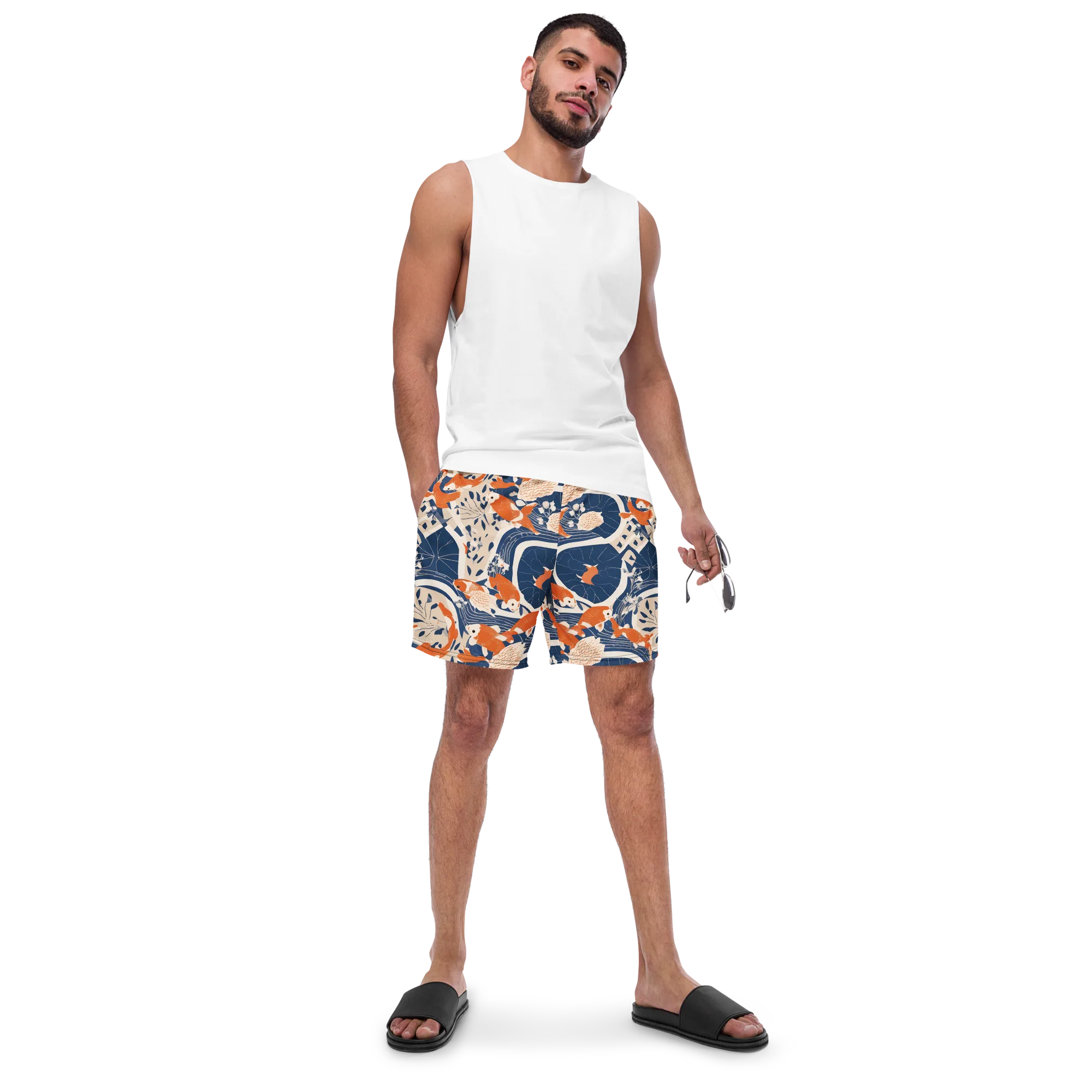 Indigo Koi Garden on Swim Trunks — Front