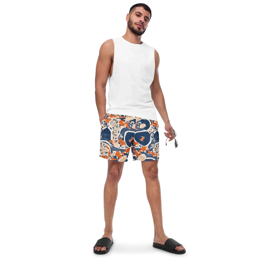 Indigo Koi Garden on Swim Trunks — Front