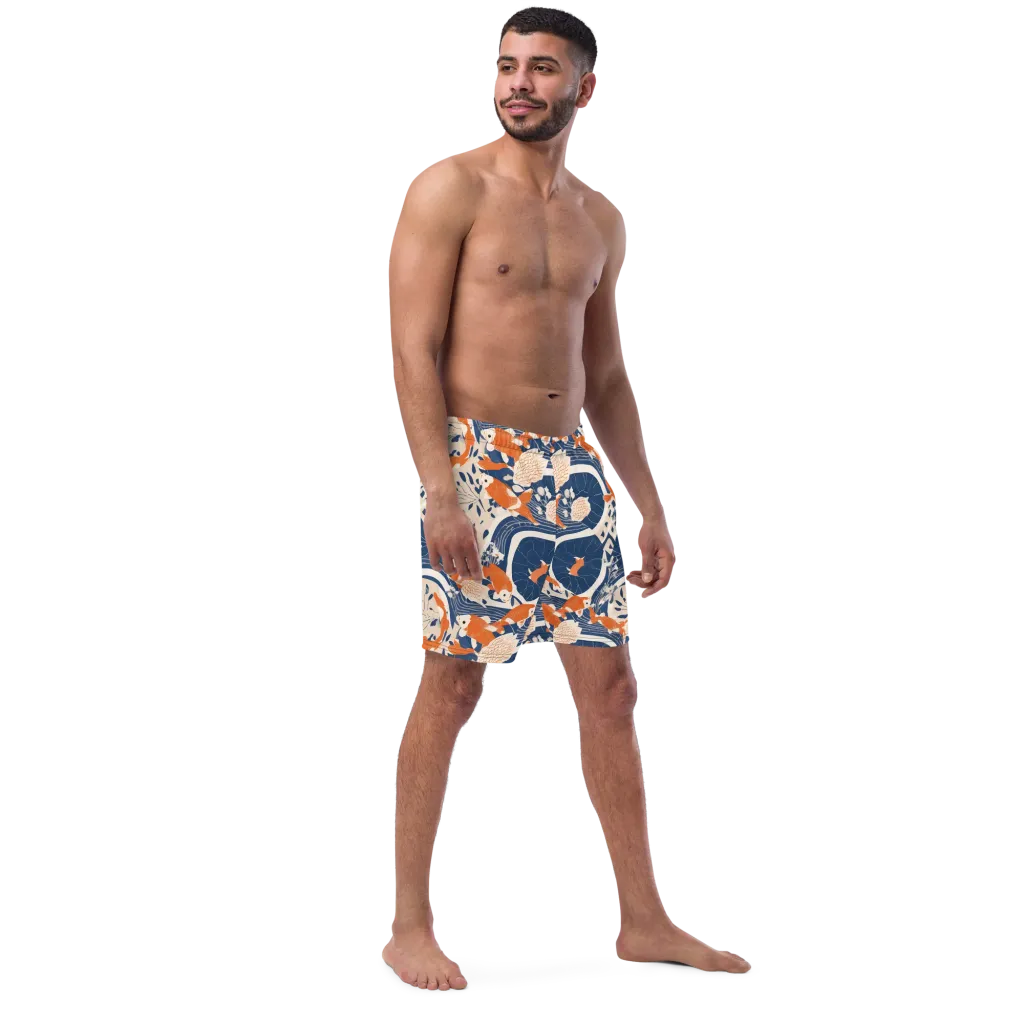 Indigo Koi Garden on Swim Trunks — Right Front