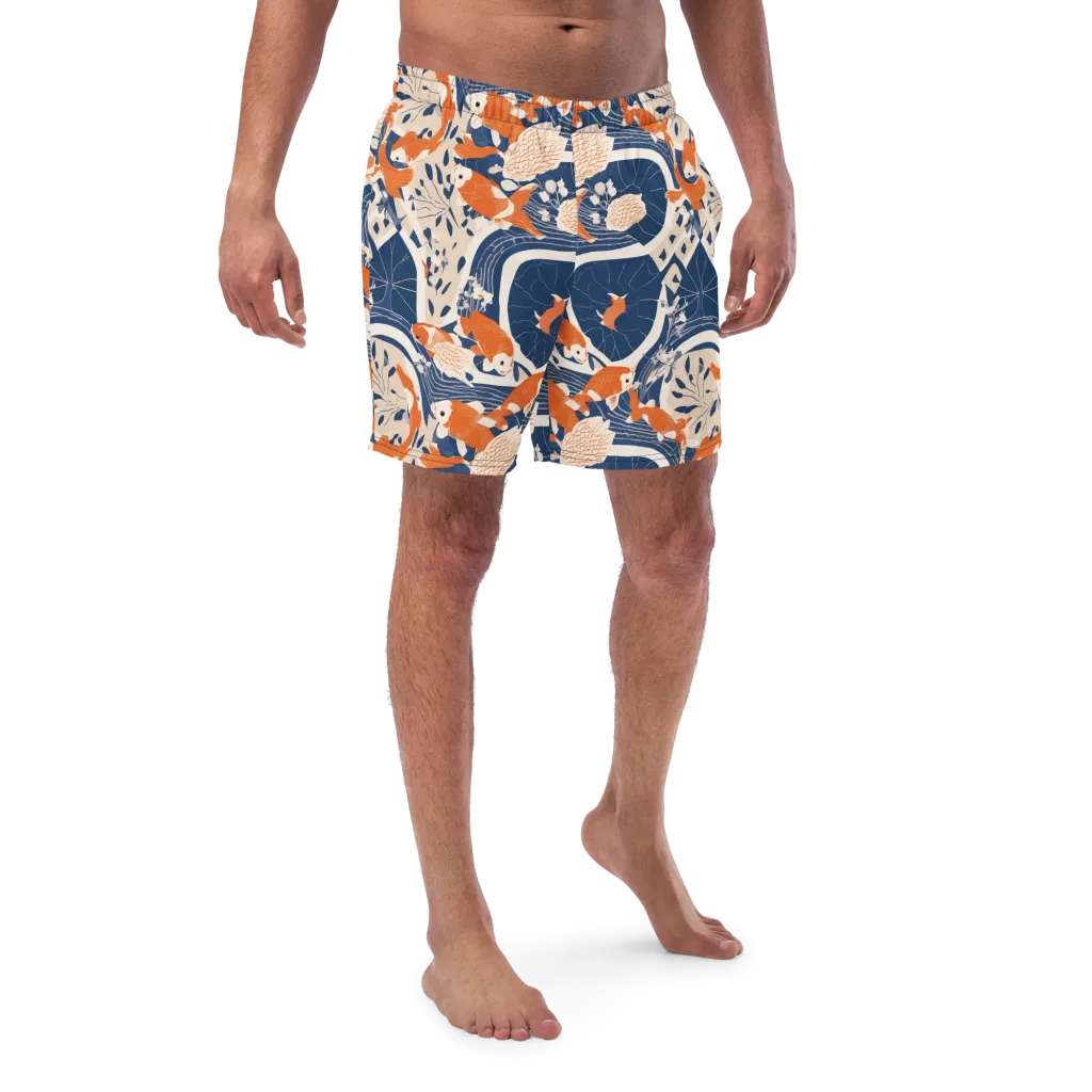 Indigo Koi Garden on Swim Trunks — Front
