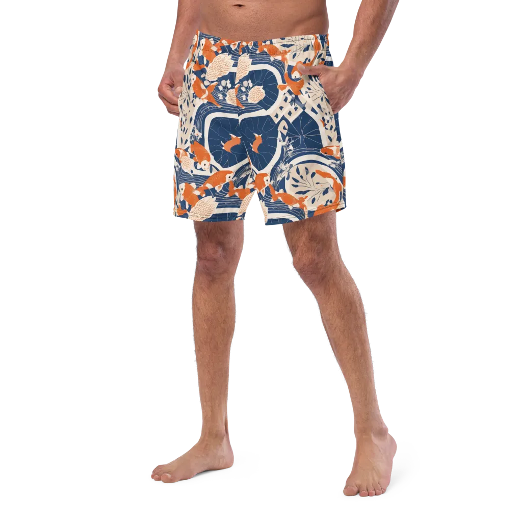 Indigo Koi Garden on Swim Trunks — Left Front