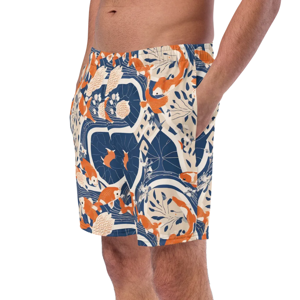 Indigo Koi Garden on Swim Trunks — Left Front