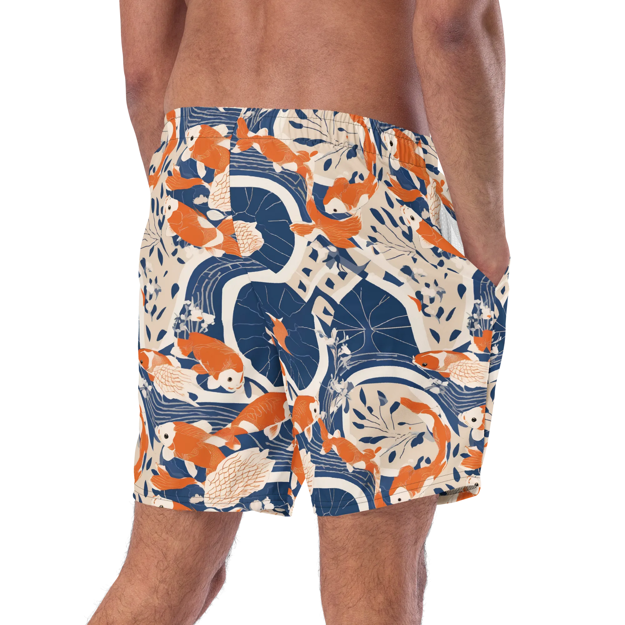 Indigo Koi Garden on Swim Trunks — Right Back
