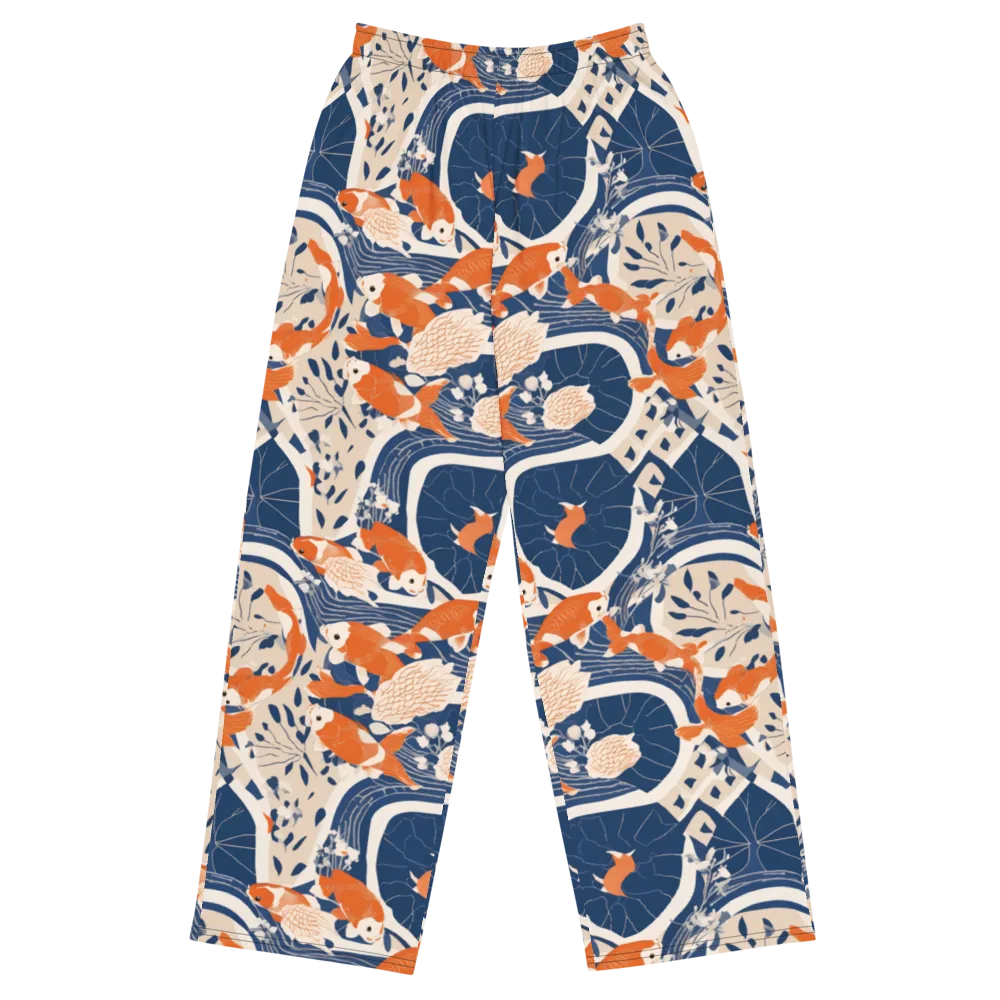 Indigo Koi Garden on Wide-Leg Pants — Front