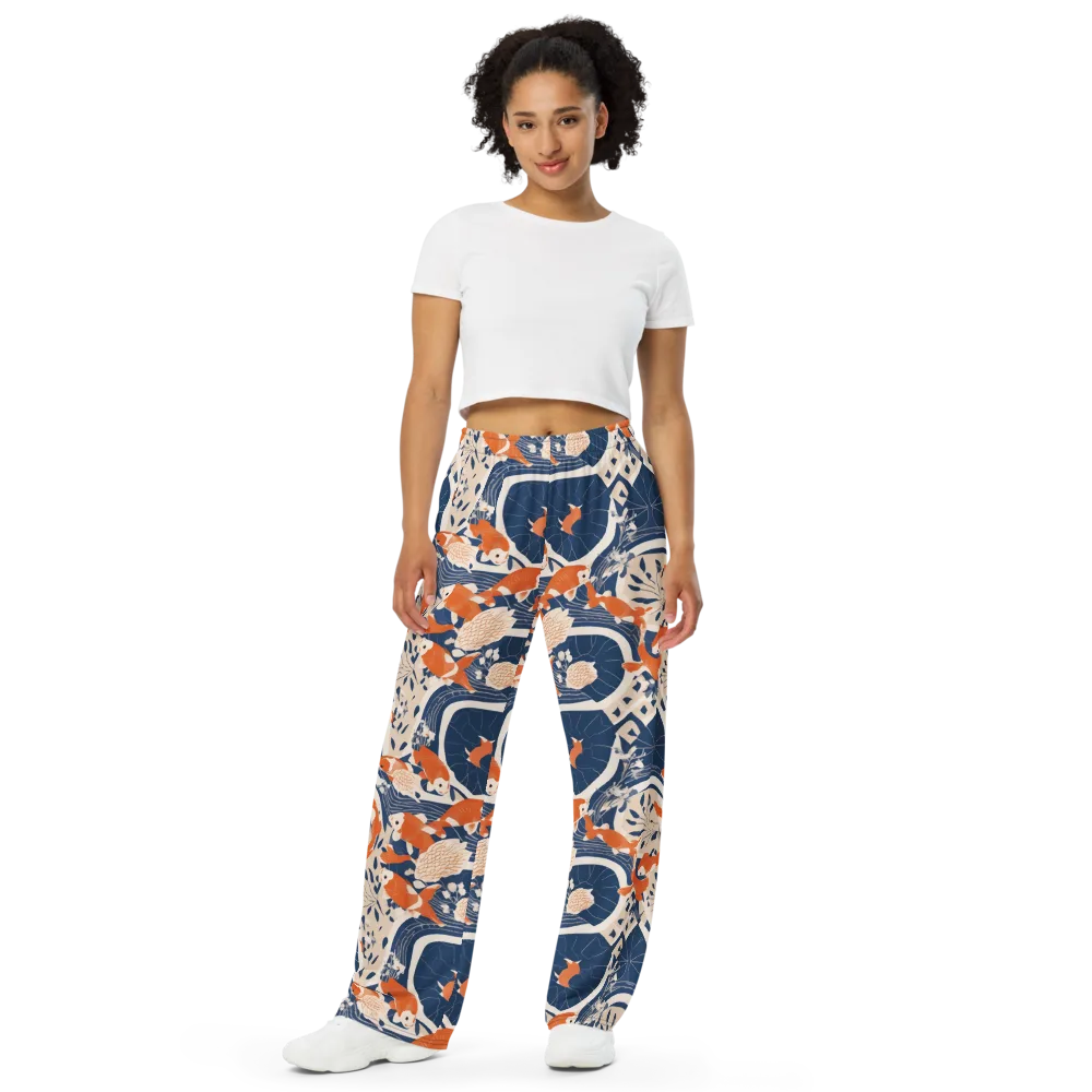 Indigo Koi Garden on Wide-Leg Pants — Front