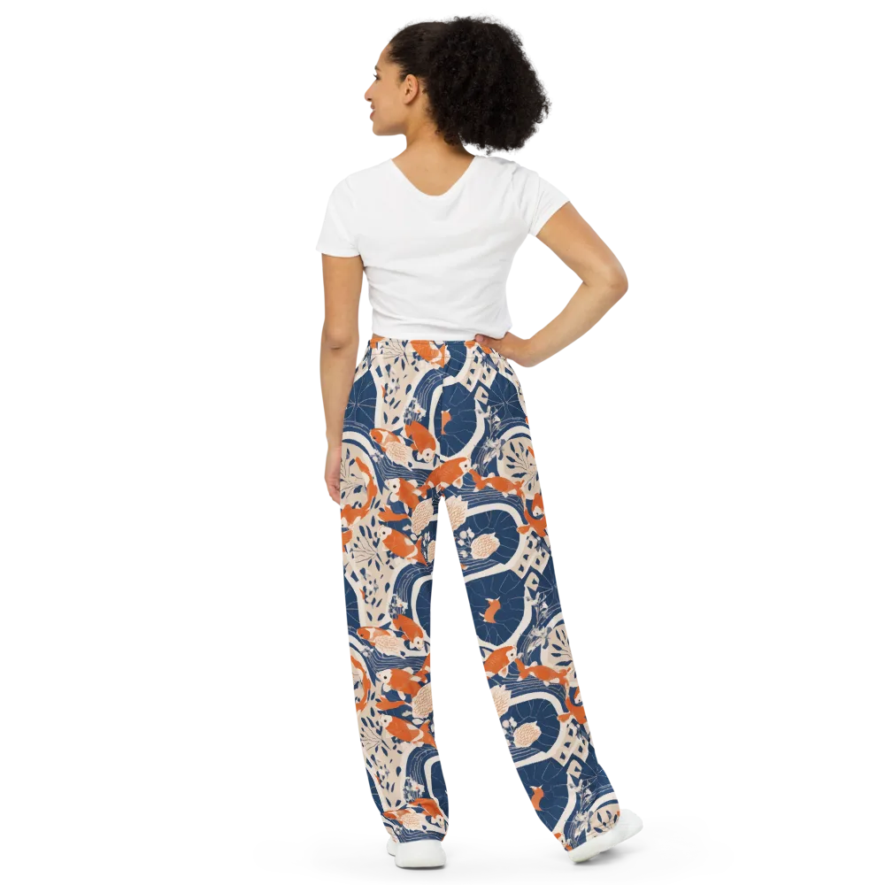 Indigo Koi Garden on Wide-Leg Pants — Back