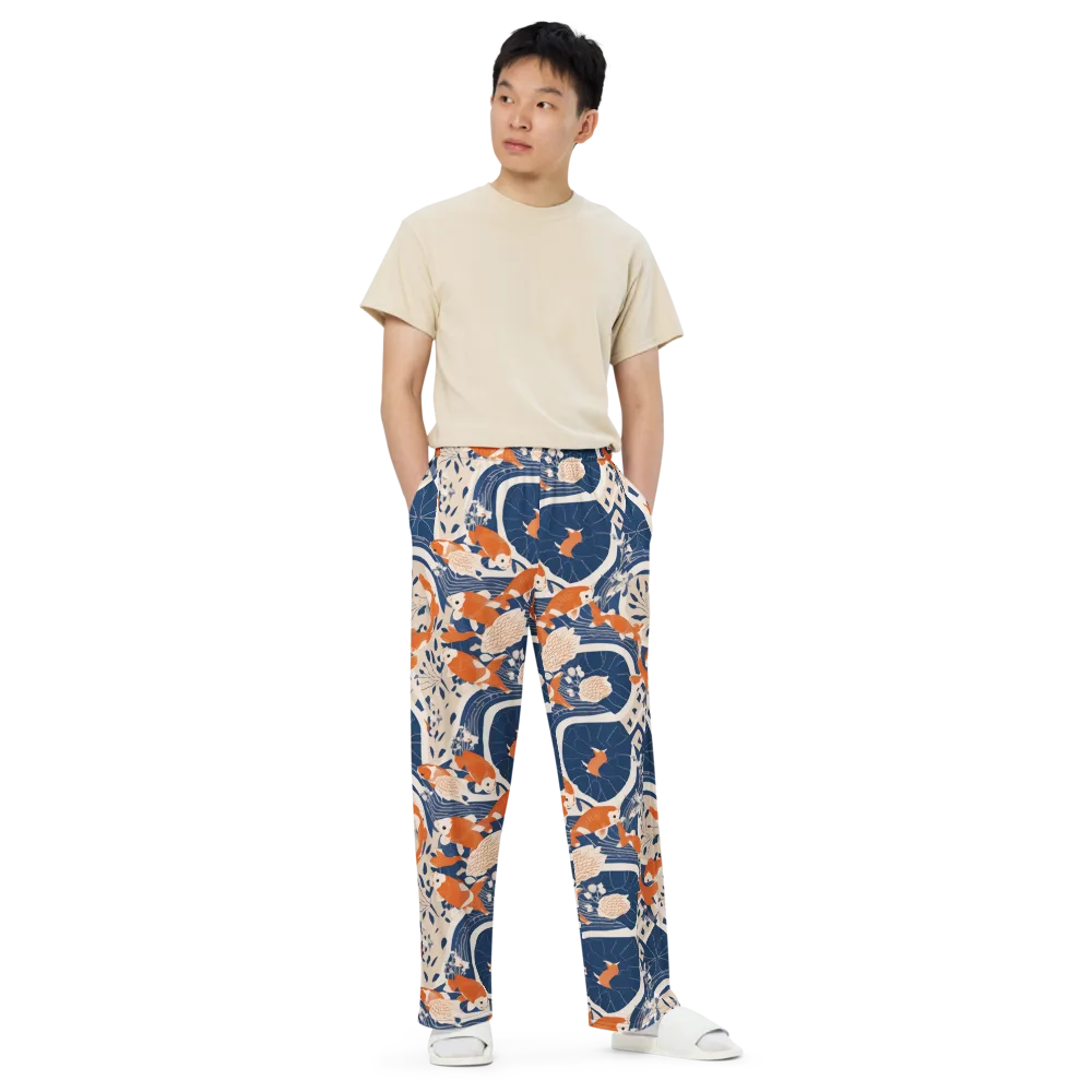Indigo Koi Garden on Wide-Leg Pants — Front