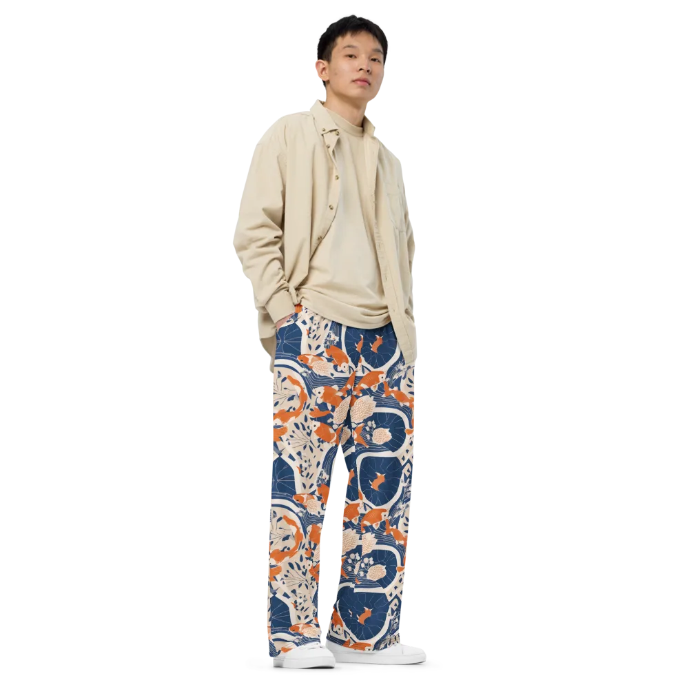 Indigo Koi Garden on Wide-Leg Pants — Right Front