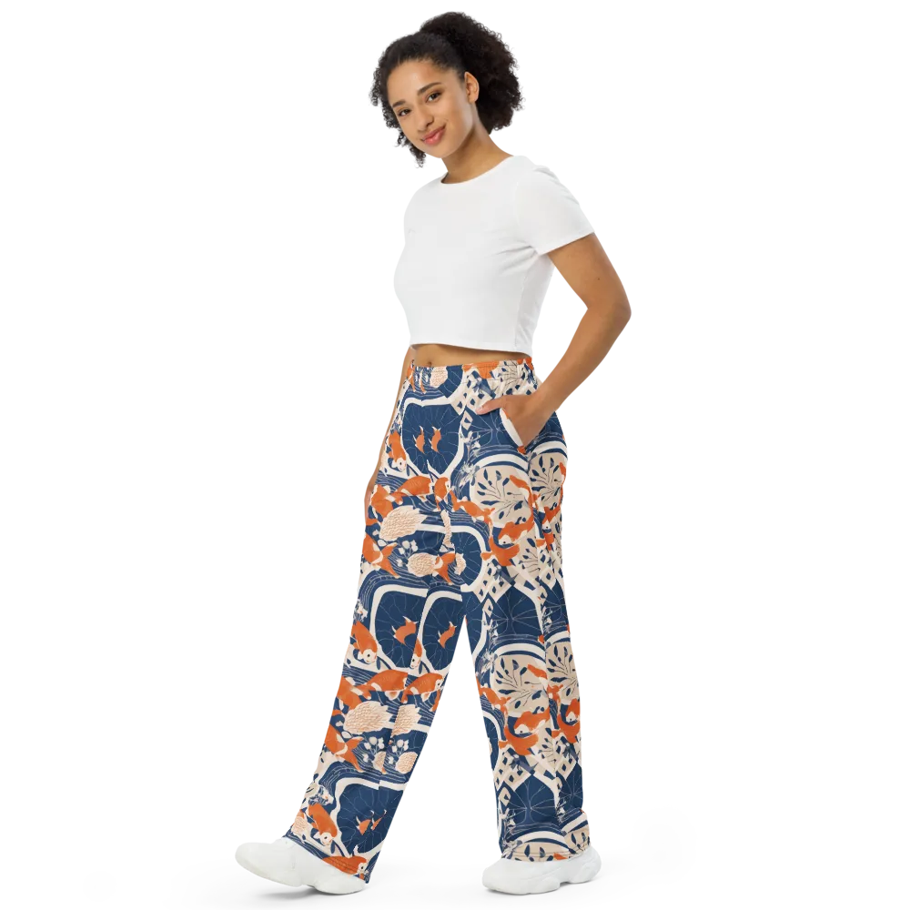 Indigo Koi Garden on Wide-Leg Pants — Left Front