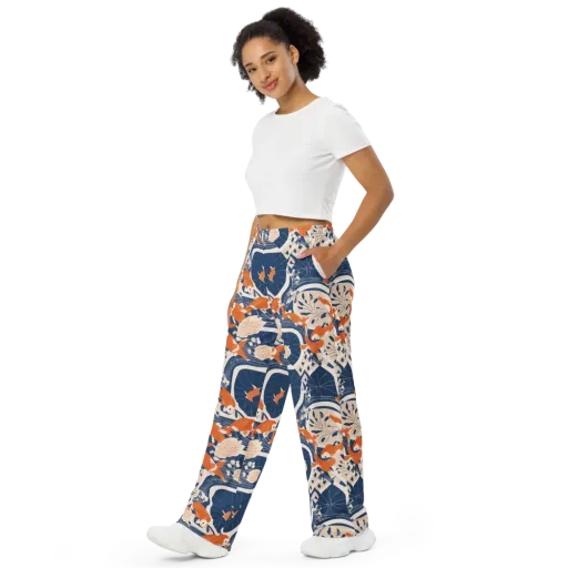 Indigo Koi Garden on a Wide-Leg Pants