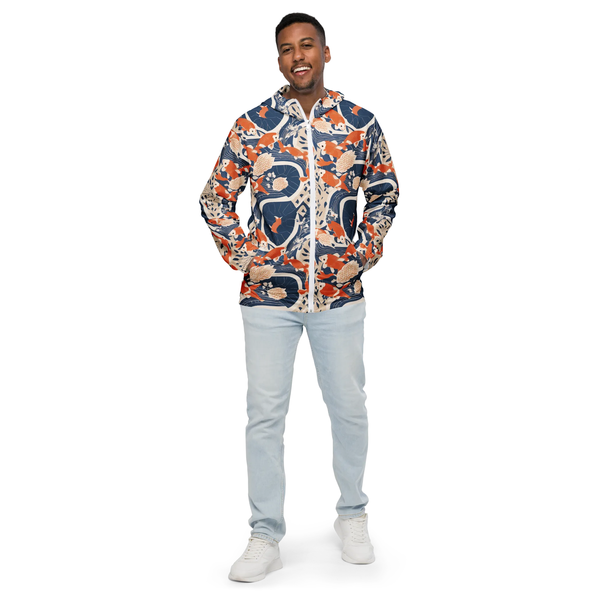 Indigo Koi Garden on Men's Windbreaker — Front