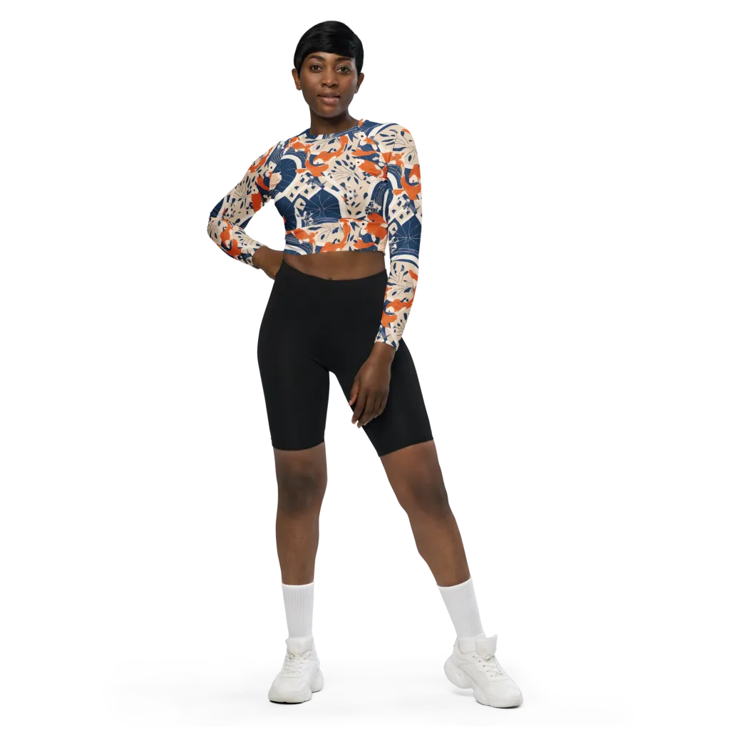 Indigo Koi Garden on Long Sleeve Crop Top — Front