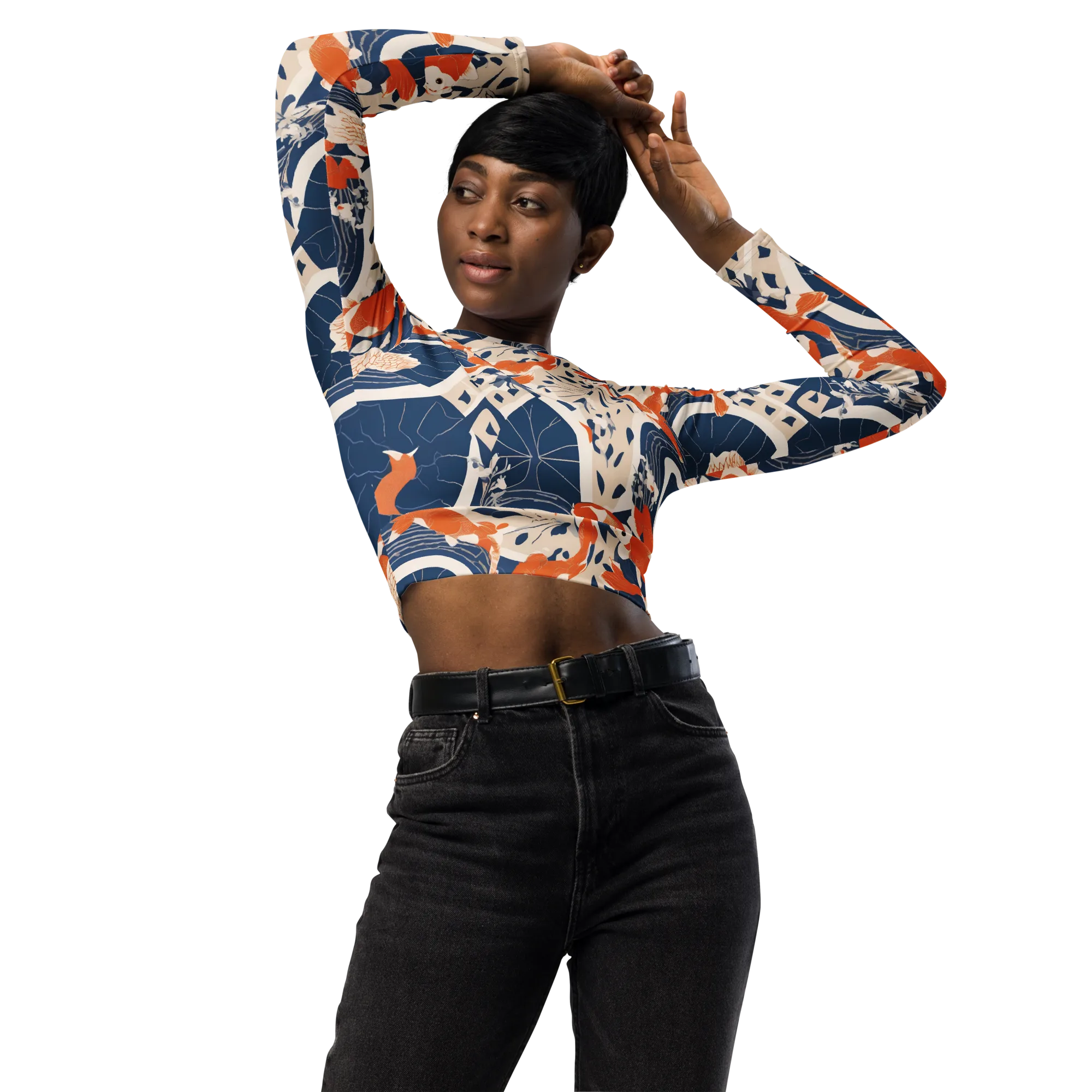 Indigo Koi Garden on Long Sleeve Crop Top — Front