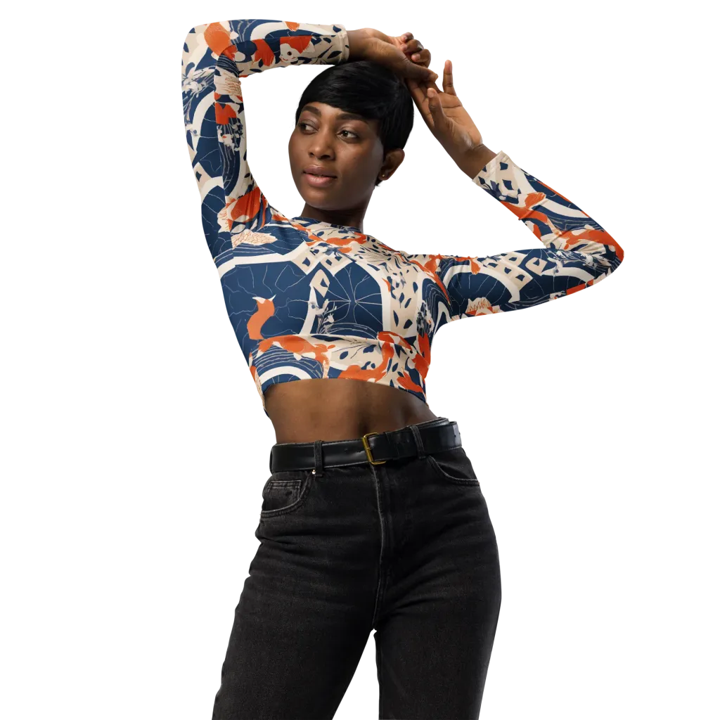 Indigo Koi Garden on Long Sleeve Crop Top — Front