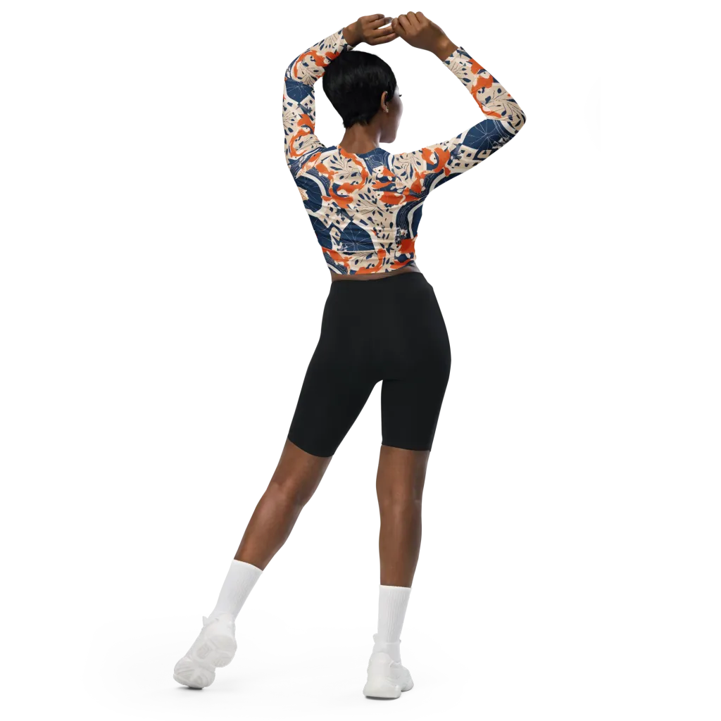 Indigo Koi Garden on Long Sleeve Crop Top — Back