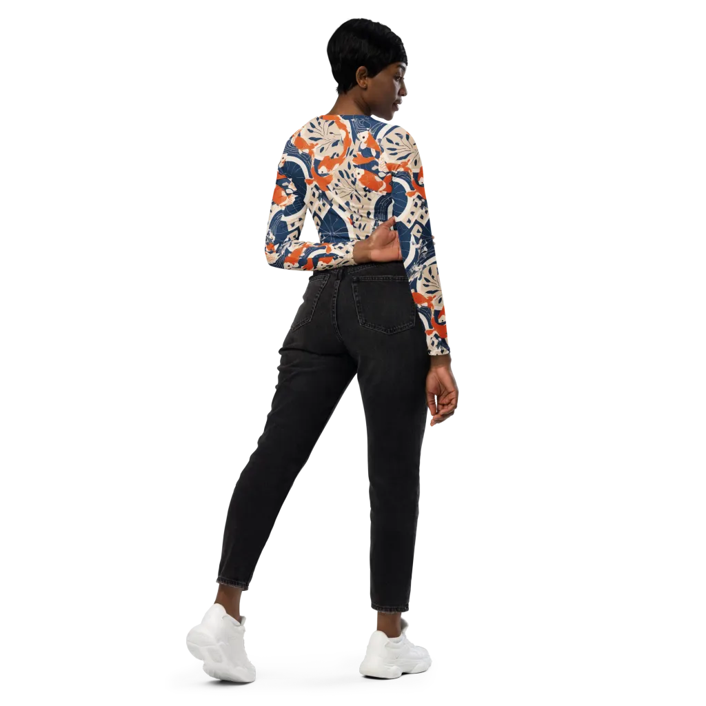 Indigo Koi Garden on Long Sleeve Crop Top — Right Back