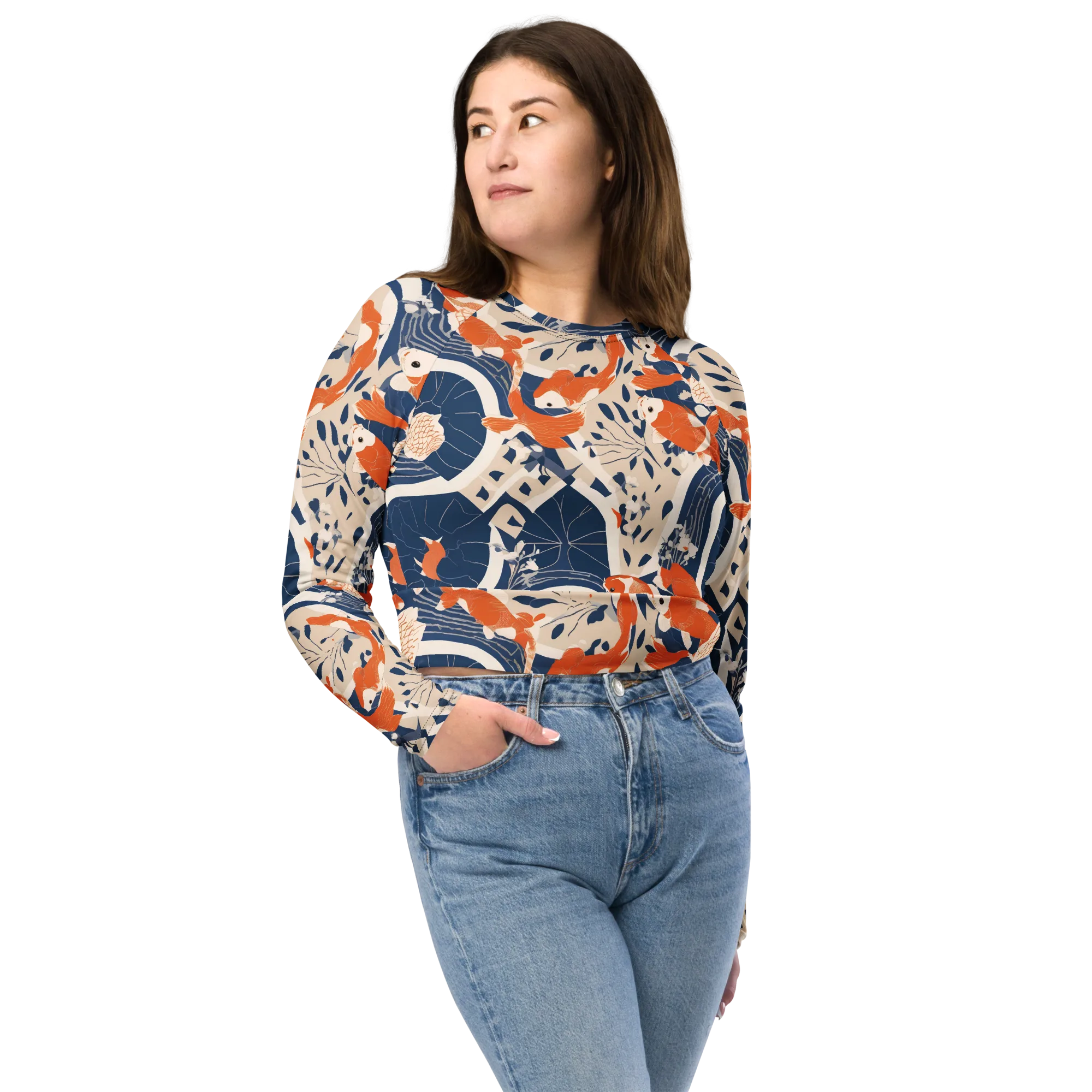 Indigo Koi Garden on Long Sleeve Crop Top — Front