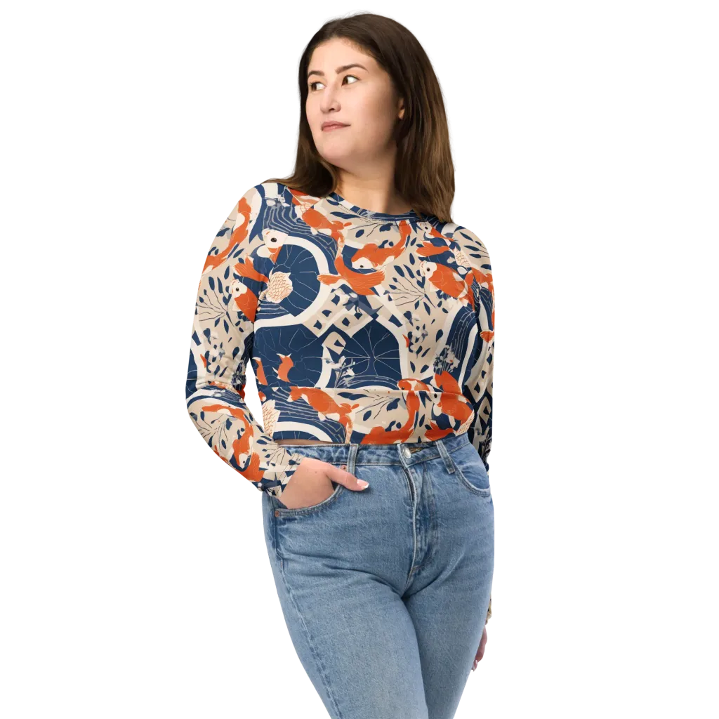 Indigo Koi Garden on Long Sleeve Crop Top — Front