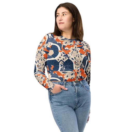 Indigo Koi Garden on a Long Sleeve Crop Top