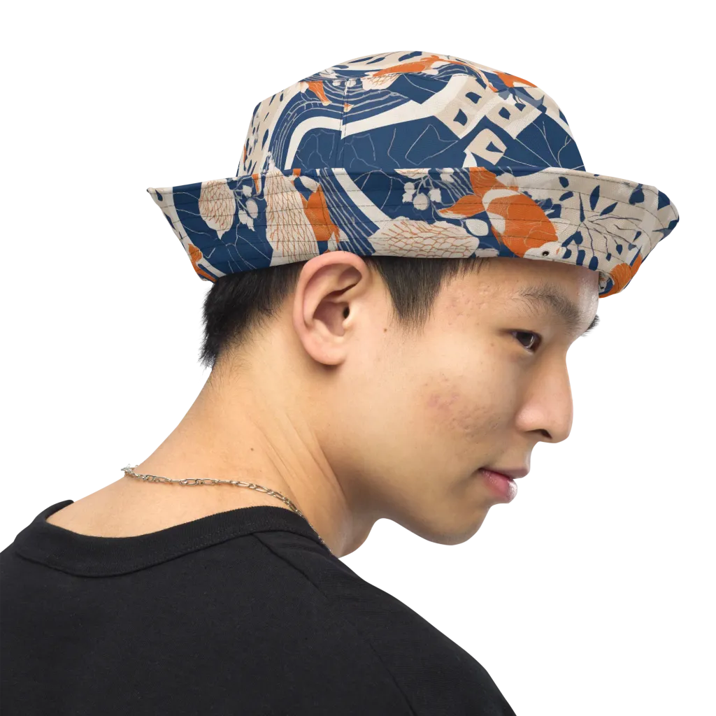 Indigo Koi Garden on Reversible Bucket Hat — Right Outside