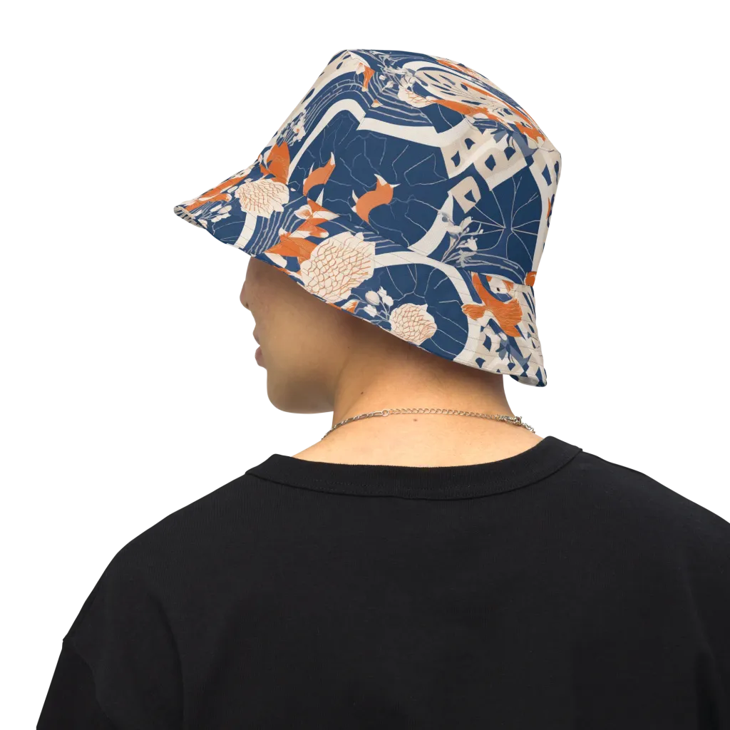 Indigo Koi Garden on Reversible Bucket Hat — Back Inside