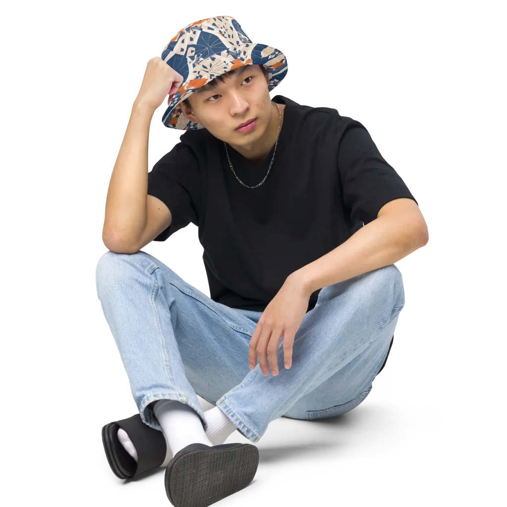 Indigo Koi Garden on Reversible Bucket Hat — Front 2 Inside