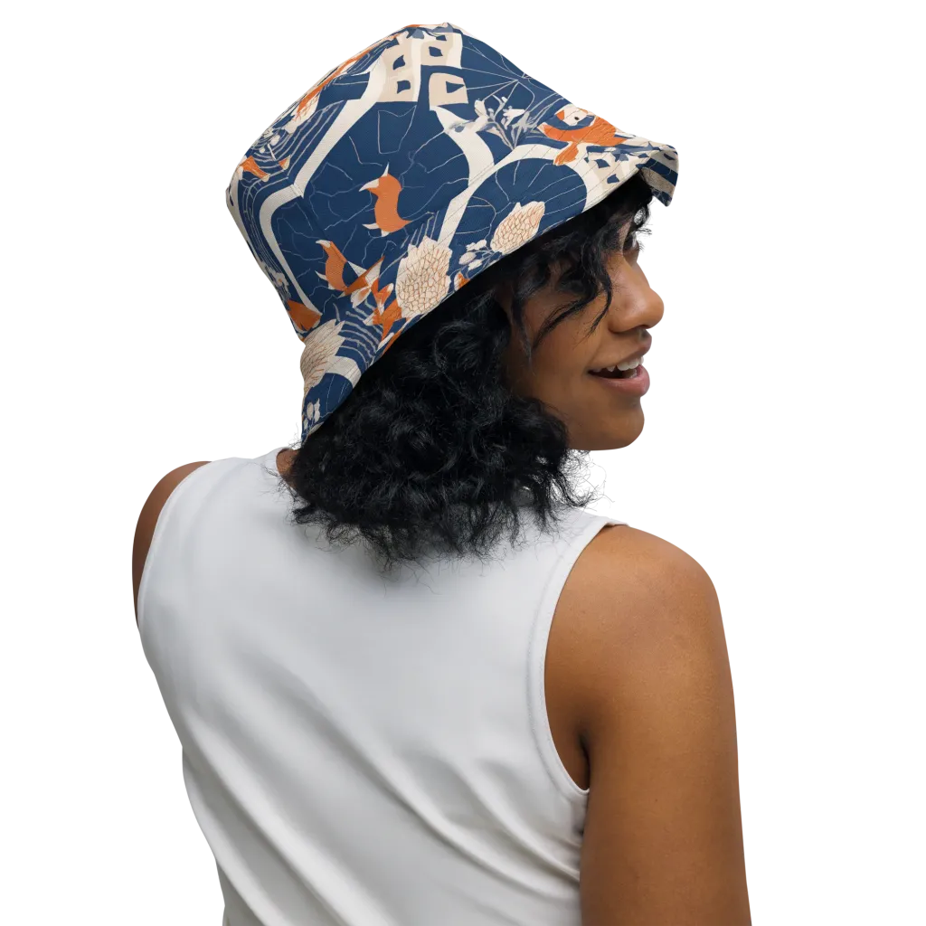 Indigo Koi Garden on Reversible Bucket Hat — Right Outside