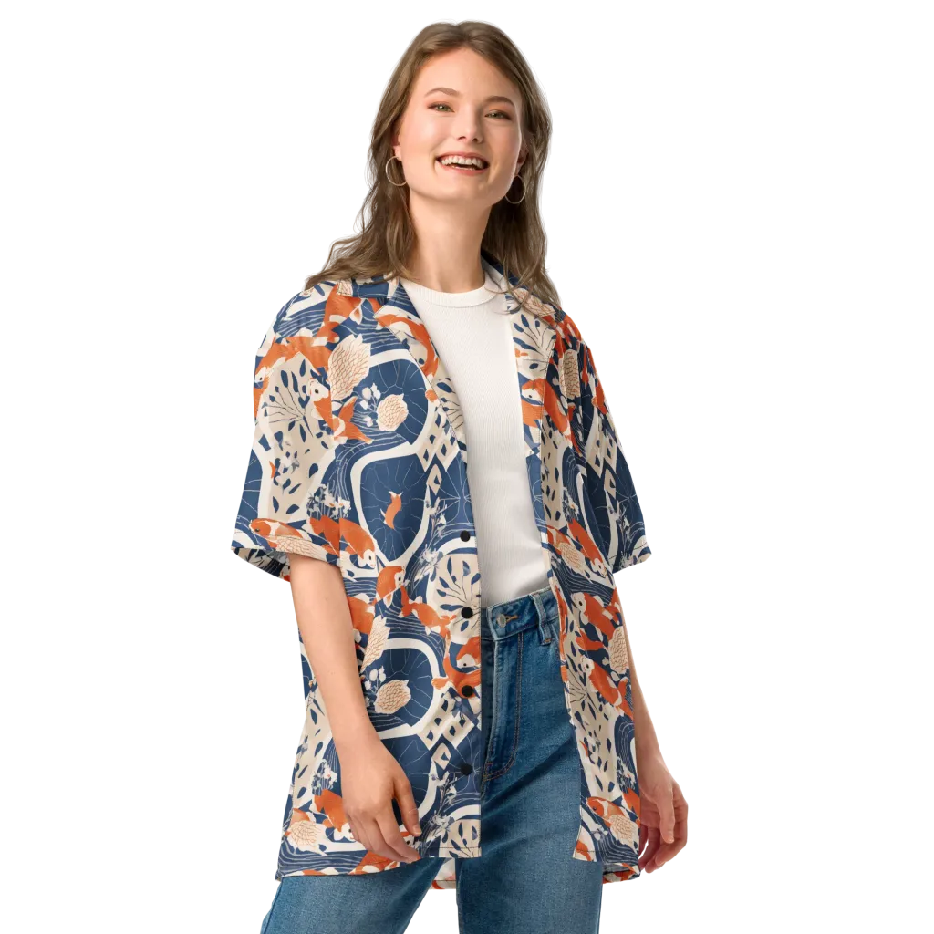 Indigo Koi Garden on Button Shirt — Front