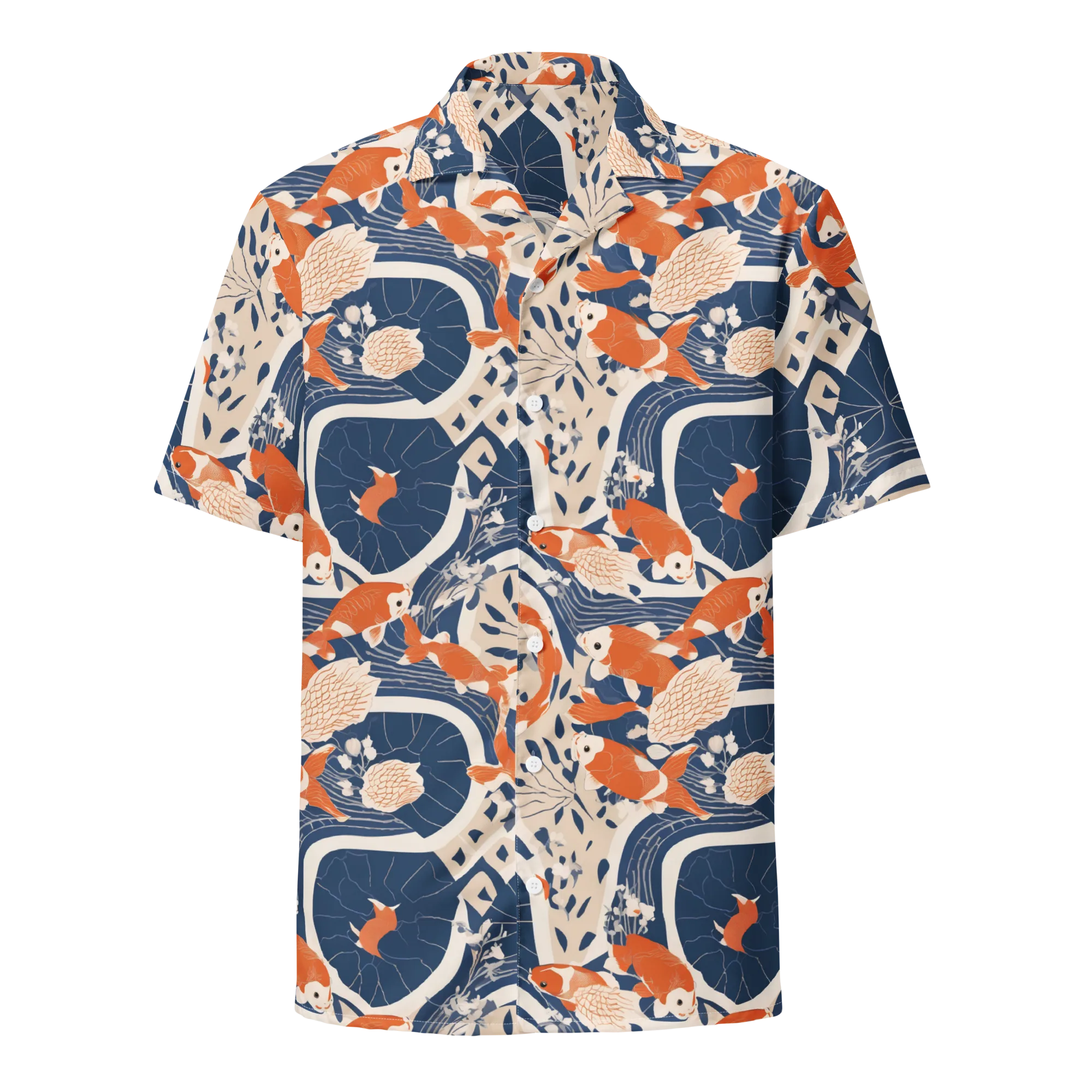 Indigo Koi Garden on Button Shirt — Front