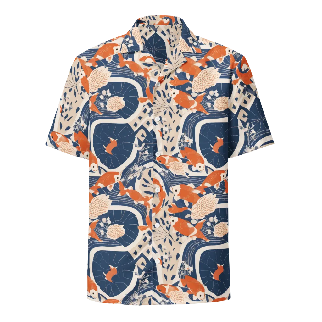 Indigo Koi Garden on Button Shirt — Front