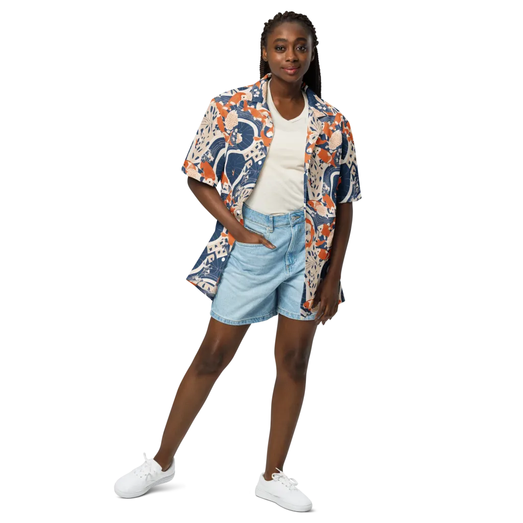 Indigo Koi Garden on Button Shirt — Front
