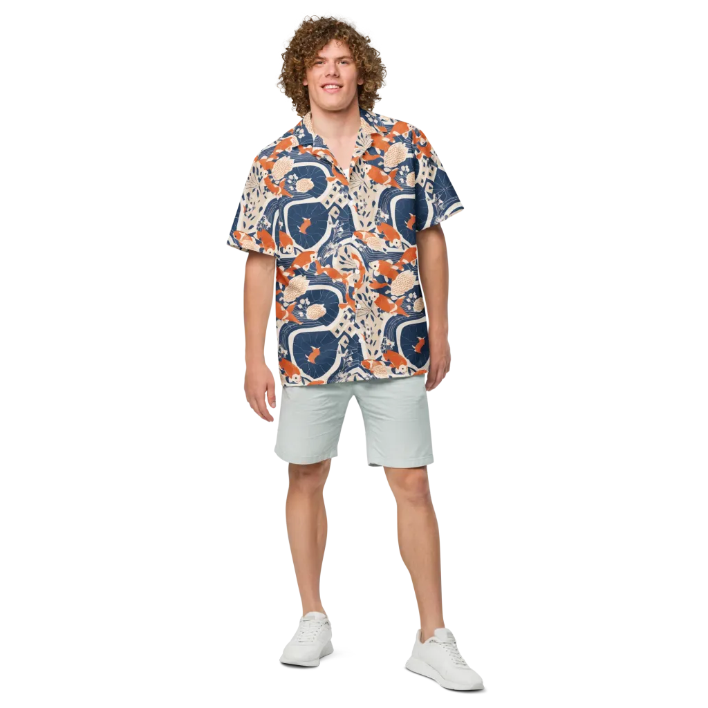 Indigo Koi Garden on Button Shirt — Front