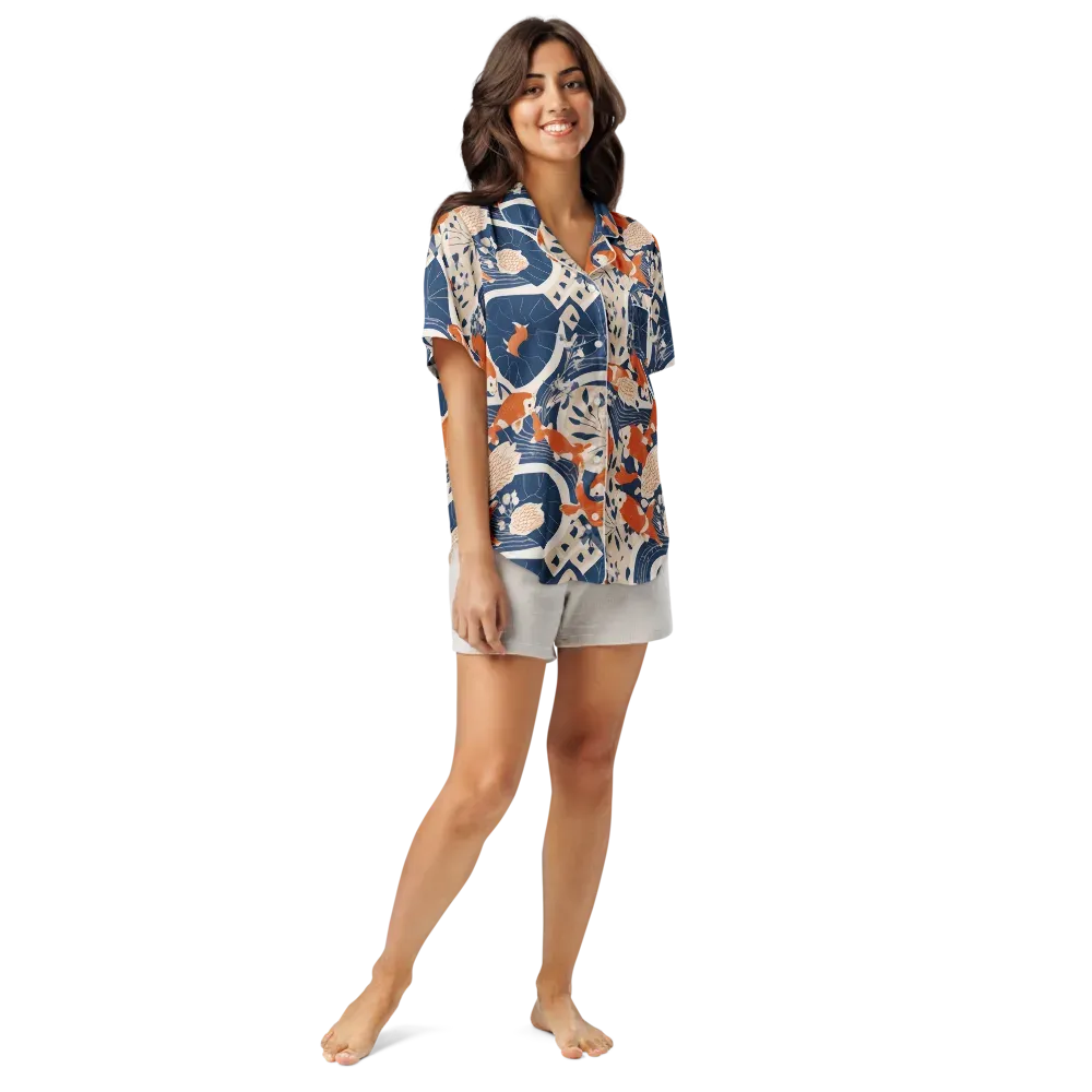 Indigo Koi Garden on Women's Short Sleeve Pajama Top — Front