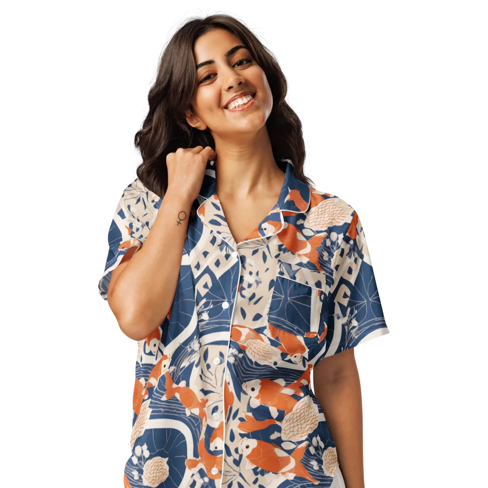 Indigo Koi Garden on Women's Short Sleeve Pajama Top — Front