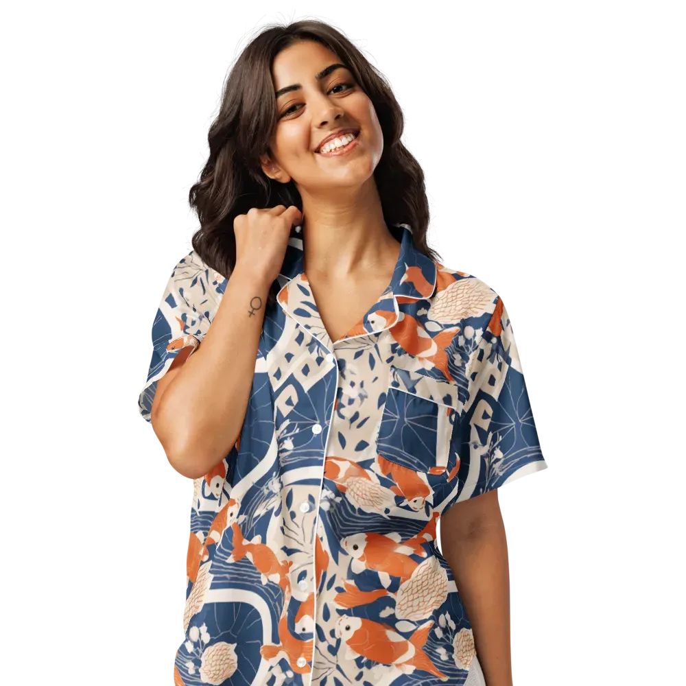 Indigo Koi Garden on Women's Short Sleeve Pajama Top — Front