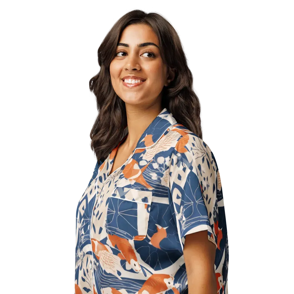 Indigo Koi Garden on Women's Short Sleeve Pajama Top — Left Front