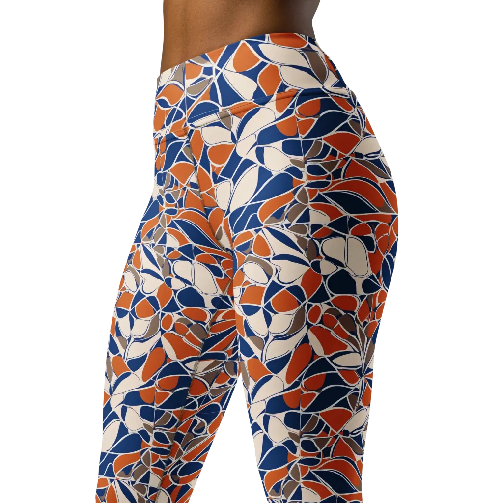 Cobalt Citrus Bloom on Yoga Leggings — Left Front
