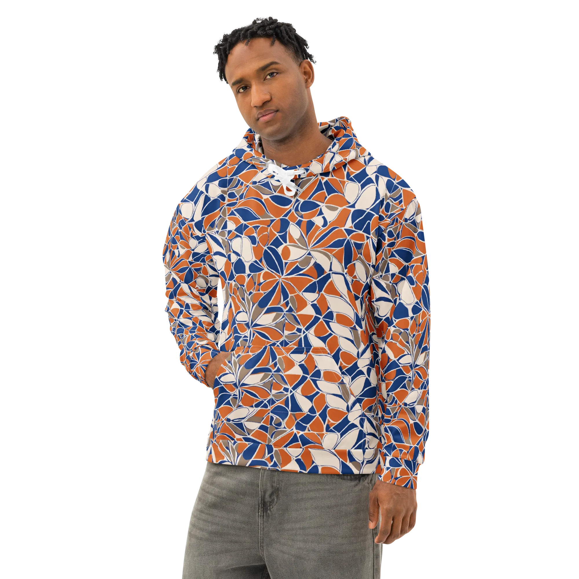 Cobalt Citrus Bloom on Cotton Hoodie — Left Front