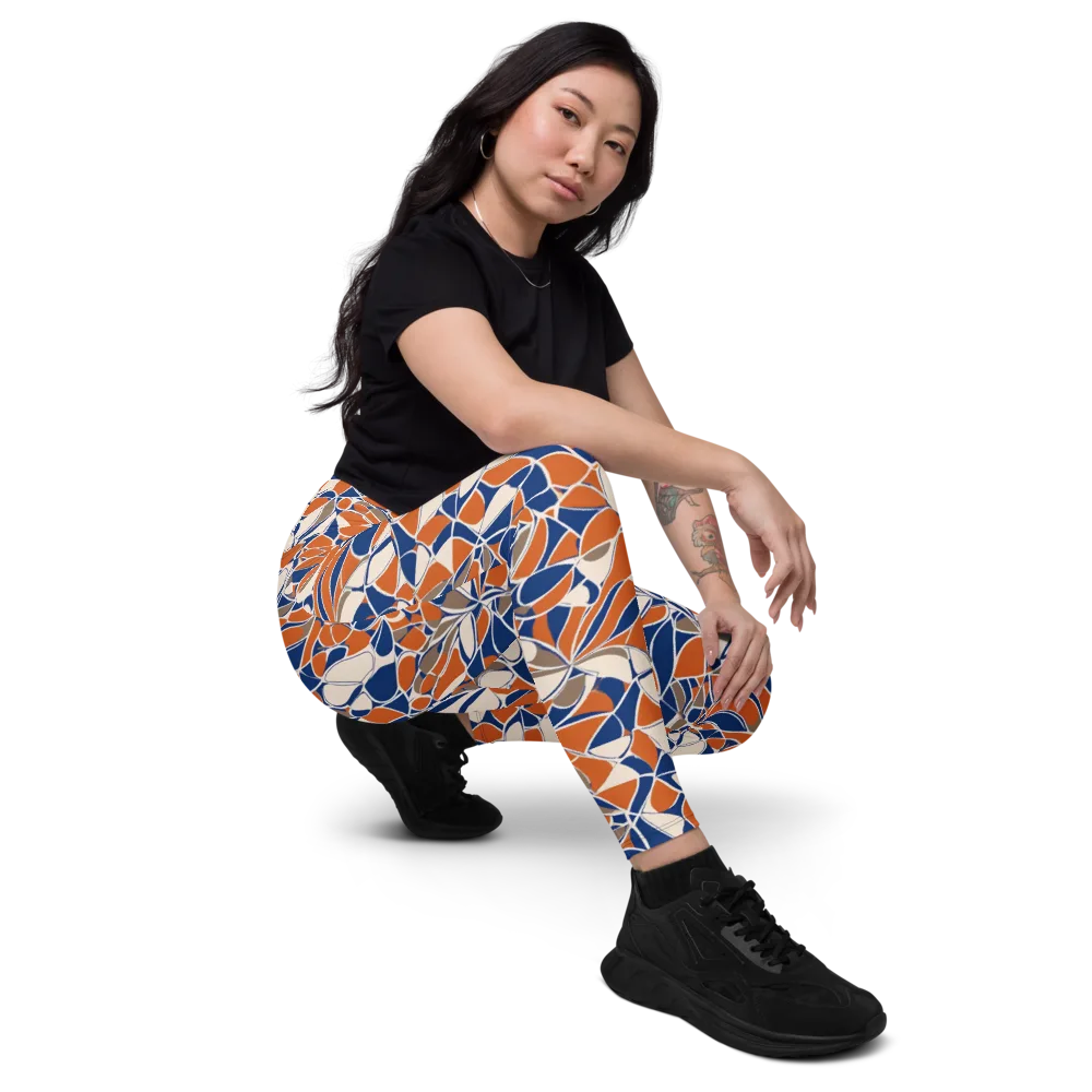 Cobalt Citrus Bloom on Leggings with Pockets — Right Front