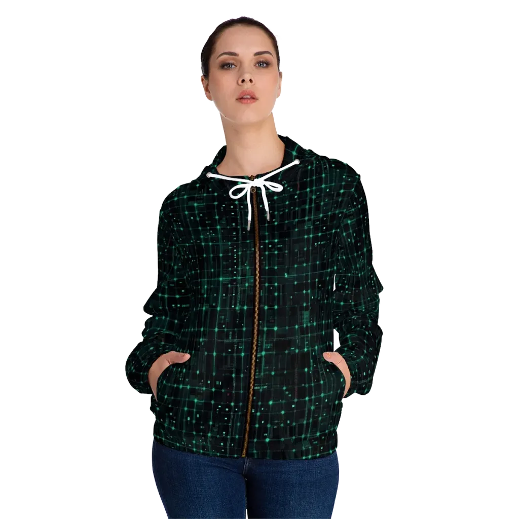 Neon Matrix on Women's Full-Zip Hoodie — Front On Person