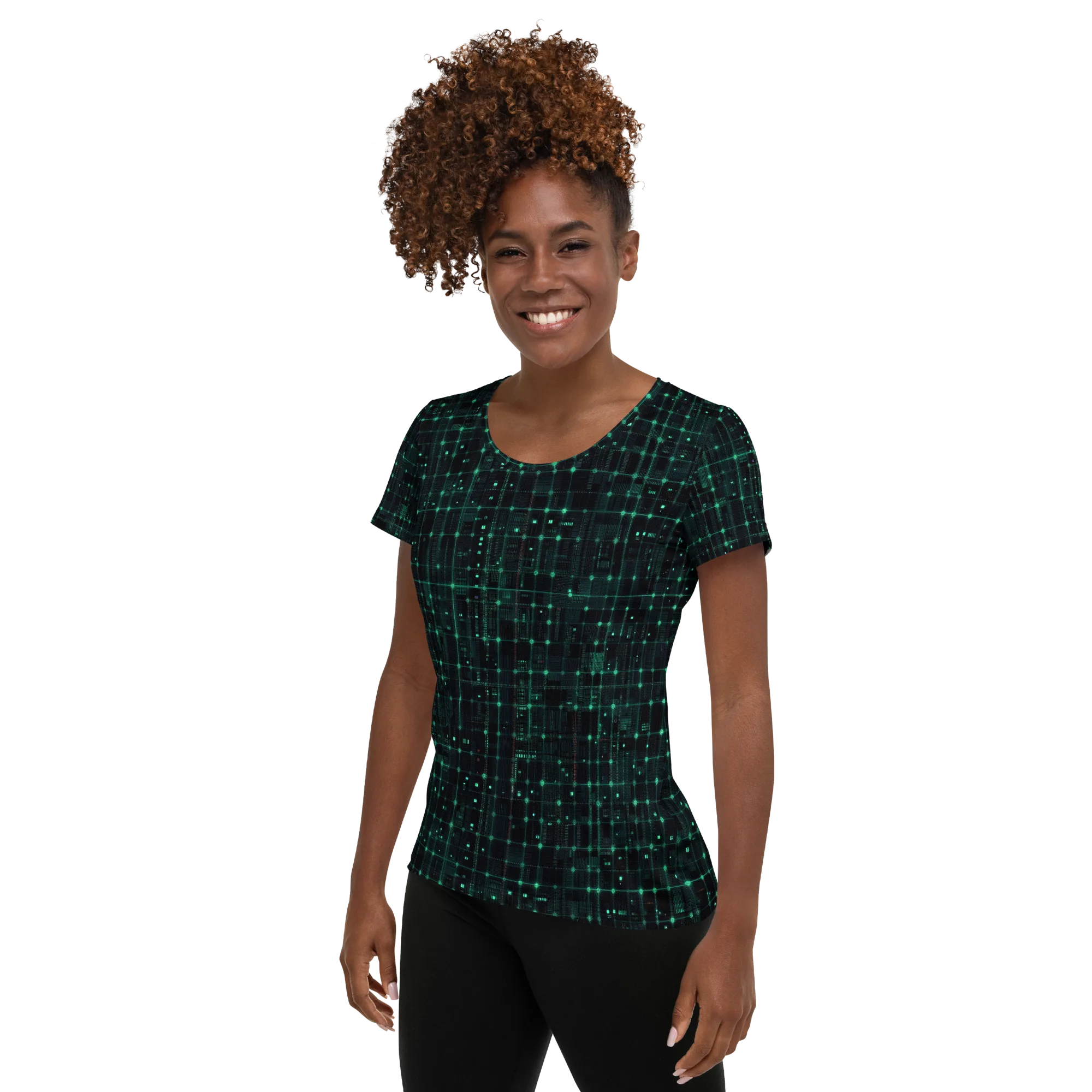 Neon Matrix on Women's Athletic T-Shirt — Left
