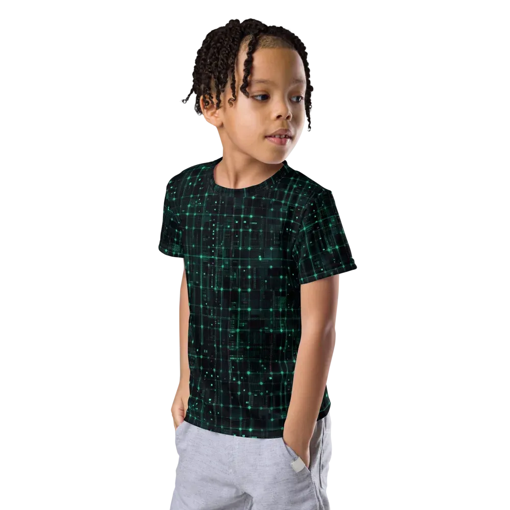 Neon Matrix on Kids Crew Neck T-Shirt — Left Front