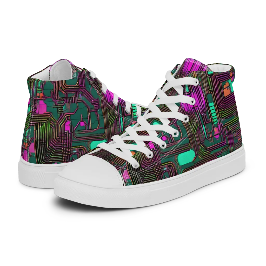 Neon Circuit on Men's High Top Canvas Shoes — Left